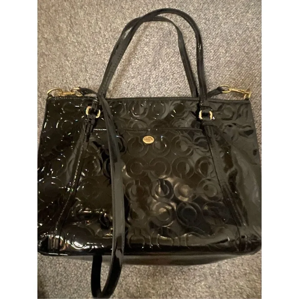 COACH Women's Black Op Art Glossy Patent‎ Leather Tote Bag Purse - Picture 6 of 12
